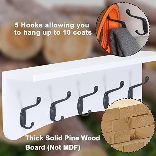 TEG01B Coat Rack Wall Mount with Shelf and 5 Hooks - 17-Inch Heavy Duty Pine Wood Entryway Rack - For Mudroom, Kitchen, Bathroom - Image 2