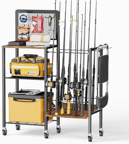 Olakee Fishing Rod Holders, Rolling Fishing Rod Rack for Garage & Boat, Tackle Box & Reel Holder Cart, Easy Assembly Fishing Gear Management System, Ideal Birthday Gift for Men Dad Anglers by Olakee