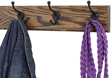 Oak Coat Rack with Oil Rubbed Bronze Hat & Coat Style Hooks (Walnut, 15" x 3.5" with 3 Hooks) - Image 2