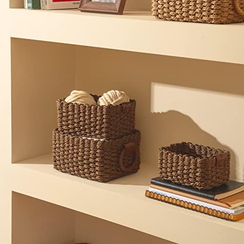 La Jolíe Muse Woven Storage Baskets, Recycled Paper Rope Bin Organizer Divider for Cupboards Drawer Closet Shelf Dresser, Set of 3 (Chocolate) - Image 3