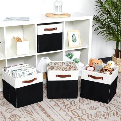 DULLEMELO Fabric Storage Bins for Shelves, Cube Storage Organizer Bins with PU Handles, Set of 4 Decorative Collapsible Storage Bins for Cube Storage,White&Black - Image 5
