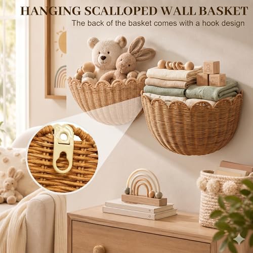 Scalloped Wall Basket, Wicker Wall Baskets, Hanging Wicker Basket, Handwoven Wall Mounted Storage Basket - 15.7 × 10.6 × 8.3 Inch, for Bathroom Bedroom Kitchen Entryway Decor - Image 6