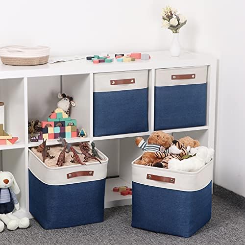 Temary Blue Storage Baskets for Shelves 13 Inch Cube Storage Bins 4Pack Fabric Cubes Basket with Handles for Organizing Shelf Baskets for Home Office Closet (White&Blue) - Image 6