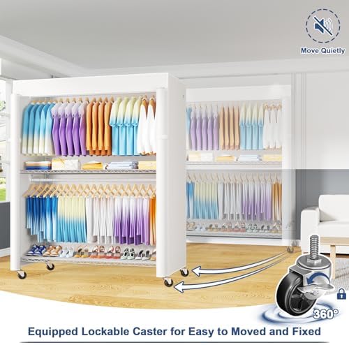 ULIFHOME P8C Max Heavy Duty Clothes Rack（With Extended Width Design） Rolling Clothing Racks for Hanging Clothes with Lockable Wheels，51.2"W x 15.8"D x 80.5"H，Load 800LBS，White Rack with White Cover - Image 5