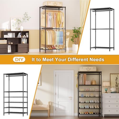 Ulif E13 Pro Heavy Duty Clothes Rack（With 4 Hanger Rods & 8 Shelves） Freestanding Clothing Racks for Hanging Clothes，Adjustable Closet，Metal Garment Rack 75" W x16 D x77 H，Max Load 1000LBS，Black - Image 5