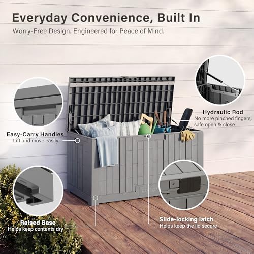 EAST OAK Outdoor Storage Box, 100 Gallon Deck Box, Waterproof Resin Storage Bench for Patio Cushions, Gardening Tools, Pool Toys, Lockable, UV Resistant, Grey - Image 5