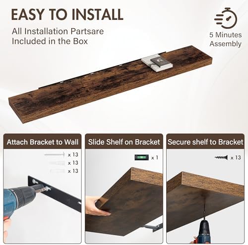 Acovy 72 Inch Floating Shelves, 12" Deep Floating Shelf Wall Mounted, 72" Wall Shelves, Rustic Deep Bookshelf, Extra Deeper & Thicker Display Shelves for Bedroom, Living Room, Set of 2 - Image 6