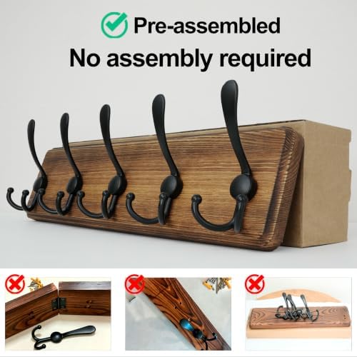 WEBI Rustic Coat Rack Wall Mounted,Wood Coat Hanger Wall,5 Coat Hooks,16" Hole to Hole,Hook Rack Rail,5 Triple Hooks for Hanging Jacket,Clothes,Hats,Entryway,Brown,2 Packs - Image 6