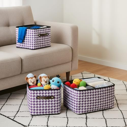 6 Pack Large Collapsible Storage Baskets for Shelves,14.9"x9.5" Fabric Closet storage Boxes with Leather Handles,Decorative Organizers Storage Bins for Clothes,Sheets,Books,(Purple Houndstooth - Image 4