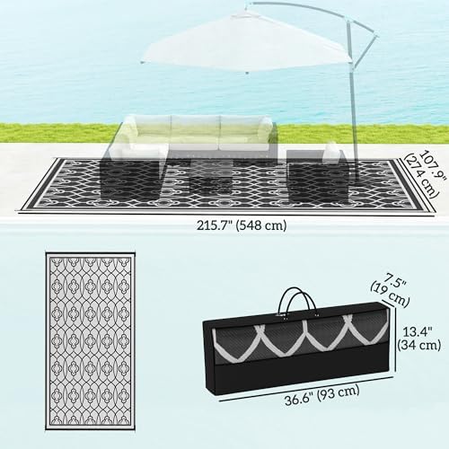 Outsunny Outdoor Rug for Patio Waterproof 9' x 18' Black & White Lantern - Image 2