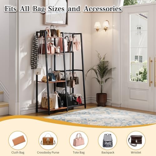 HavenlyYouth Purse Storage Organizer for Closet, 4-Tier Iron Wood Purse Rack, 8 Purse Hooks & 2 Side Hooks for Bag Organizer, Large Capacity Handbag Storage Rack for Home, Living Room - Image 7