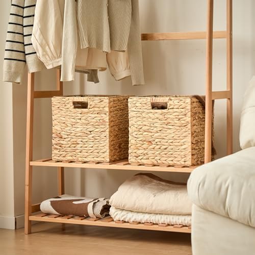 Handwoven Water Hyacinth Storage Baskets set of 4 Foldable Cube Bins Storage Oragnizer for Cabinet Shelf Bedroom Living Room (Natural, 13" L x 13" W x 13" H) - Image 6