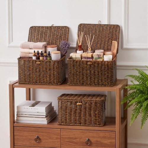 Nonam Wicker Storage Basket With lid, Large Stackable Plastic Bin, Brown - Image 4