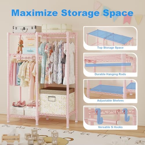Ulif F1 Clothes Rack for Kids, Baby, Students, and Children's Room, 4 Tiers Portable Metal Closet Clothing Rack, Small Garment Rack with 2 Hanging Rod, 31.2" W x 11.8" D x 48" H, Pink - Image 5