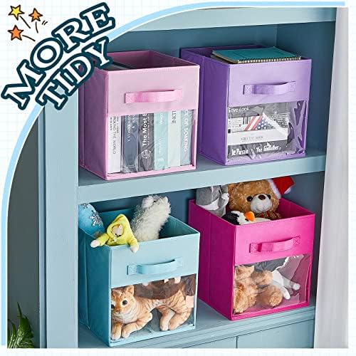 Marsui 12 Pcs Clear Cube Storage Bins 11 Inch Pink Collapsible Kids Storage Bins Fabric Classroom Organizer with Window for Kid Playroom Room Daycare Nursery(Blue, Purple, Rose, Pink) - Image 6