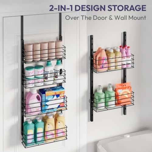 SWTYMIKI Over The Door Organizer - Door Organizer Hanging with 6 Adjustable Metal Large Capacity Basket, Wall Mounted Shelf for Bedroom Closet Bathroom Laundry Pantry Cabinet Kitchen(Black) - Image 5
