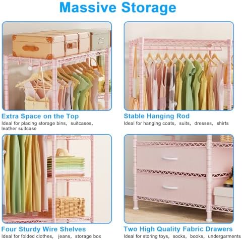 Ulif F3 Heavy Duty Clothes Rack（With Fabric Drawers）Freestanding Clothing Racks for Hanging Clothes，Adjustable Closet Organizer System，Portable Garment Rack 40" W x 15" D x 72" H，Max Load 700LBS，Pink - Image 6