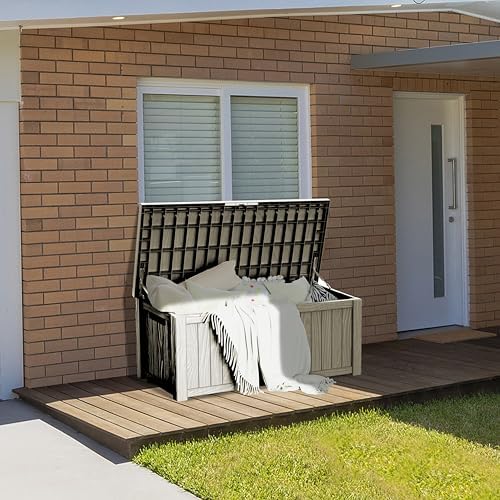 150 Gallon Outdoor Deck Box Waterproof, Large Storage Box for Patio, Resin Storage Bench Lockable for Garden Tools, Package Delivery, Gray - Image 2