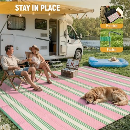 Lahome Striped Outdoor Rug 8x10 Patio Waterproof, Pink Outdoor Patio Rug - Image 4