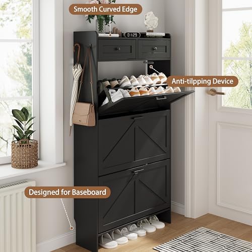 Shoe Cabinet with 3 Flip Drawers & 2 Top Drawers, 57" Tall Freestanding Narrow Wooden Shoe Storage Organizer for Entryway, Hidden Slim Shoe Rack for Front Door Entrance, Hallway, Living Room, Black - Image 5