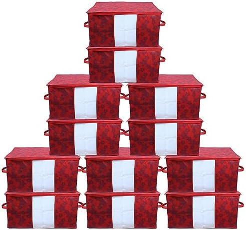 Kuber Industries Foldable Underbed Storage Bag|Organizer For Clothes Large|Non-Woven Comforter, Blanket Cover|Metalic Print & Side Handle|Pack of 12 (Red) by Kuber+Industries