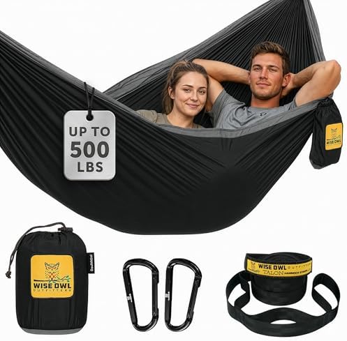 Wise Owl Outfitters Hammock for Camping Double Hammocks Gear for The Outdoors Backpacking Survival or Travel - Portable Lightweight Parachute Nylon DO Black & Grey by WiseOwlOutfitters