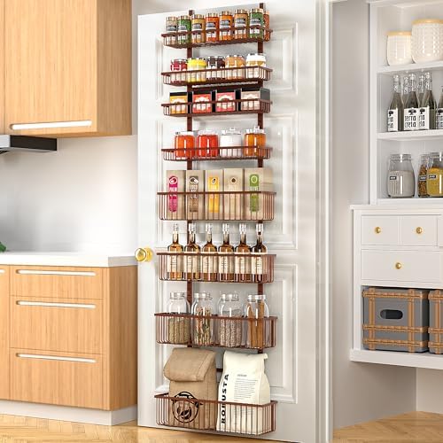 Moforoco Over The Door Pantry Organizer, Pantry Door Organizer Shelves, Kitchen Organizers and Storage, Hanging Basket Wall Spice Rack Seasoning Shelves, Laundry Room Bathroom accessories（Brown ） by MOFOROCO