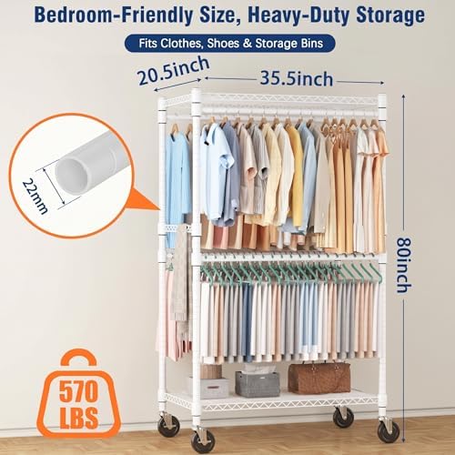 Homdox Heavy Duty Rolling Clothes Rack, Adjustable Clothing Rack for Hanging Clothes, Portable Closet Rack with 4 Hanging Rods, 2 Storage Shelves, 35.5" W x 20.5" D x 80" H, White - Image 2
