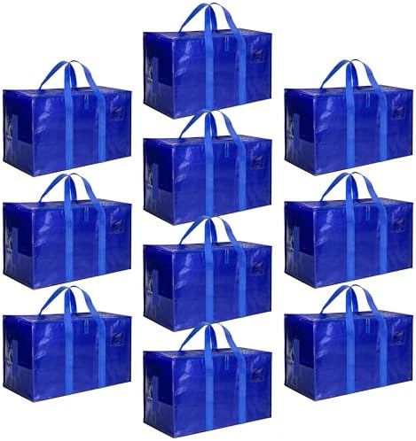 HealSmart 10 Pack Large Moving Bags with Zippers & Handles, Moving Supplies with lids, Heavy Duty Totes for Space Saving, Fold Flat, Moving and Storing, Blue by HealSmart