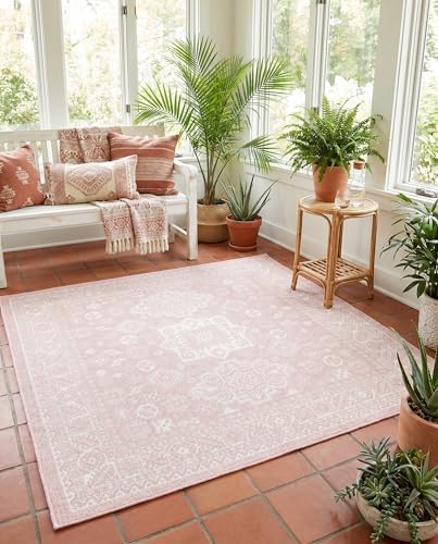 Rugs.com - Outdoor Aztec Rug – 5 Ft Square Pink Stain-Resistant Indoor/Outdoor Rug – Perfect for Patios, Decks, Porches, and Outdoor Entertaining - Image 4
