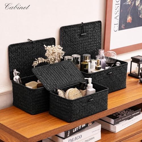 Nonam Wicker Storage Basket with Lid,Seagrass Shelf Basket Set of 3,Black - Image 4