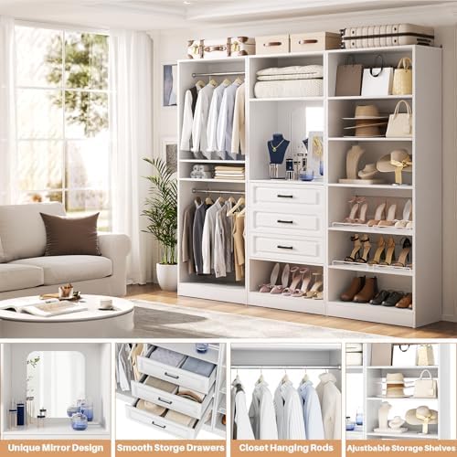 Unikito 75" Modular Closet System with 3 Sets, Mirror & Drawers, White - Image 3