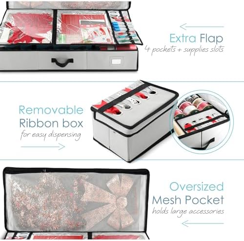 Hearth & Harbor Wrapping Paper Storage Container - Christmas Storage Bag with Ribbon Dispenser and Interior Pockets - Gift Wrap Organizer Fits Up to 26 Rolls of 40" Length, Silver - Image 3
