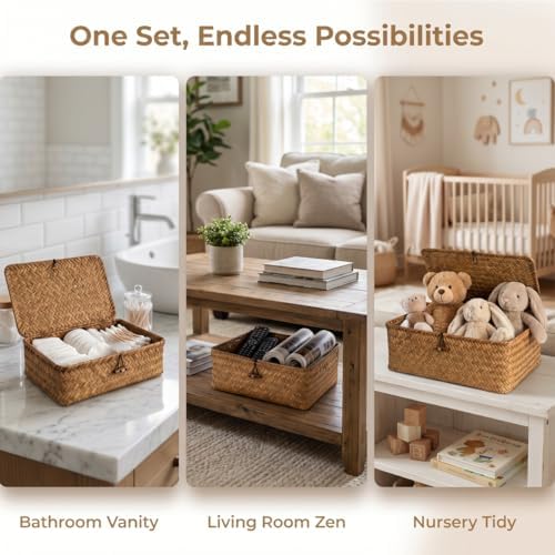 Wicker Basket with Lid,Seagrass Flat Storage Bins, Set of 5 - Image 5