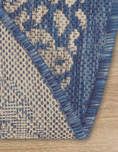Unique Loom Outdoor Border Collection Area Rug - Floral Border (10' 8" Round, Blue/ Ivory) - Image 6