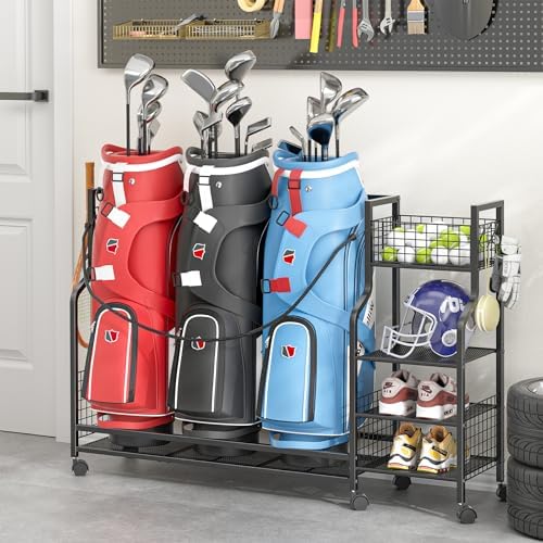 DAOUTIME Golf Bag Storage Rack for Garage with Wheels, Organizer for Golf Bag and Equipment Accessories, Golf Organizer Stand Ideal for Home, Garage, Club, Shed, Basement - Sturdy and Durable (Black) - Image 4