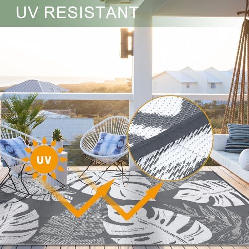 COZYLOOM 9x12 Outdoor Rug Waterproof Reversible Mat Indoor Outdoor Rugs Carpet, Grey Rug Botanic Large Outdoor Plastic Straw Rug for Patio Deck Balcony Pool RV Camping Beach Picnic Grey&White 9'x12' - Image 7