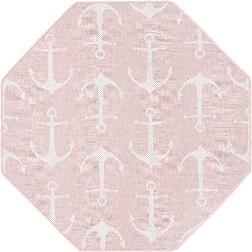 Unique Loom Outdoor Coastal Collection Area Rug - Ahoy (5' 3" Octagon, Pink/ Ivory) - Image 3