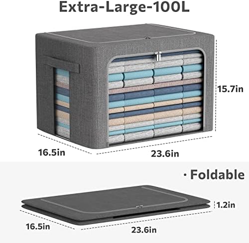 CYhom 3Pack Foldable Storage Bins - Frame Storage Box Linen Fabric Stackable Clothes Container Organizer with Clear Window & Carry Handles Large Capacity (Extra Large-100L, Dark Gray) - Image 5