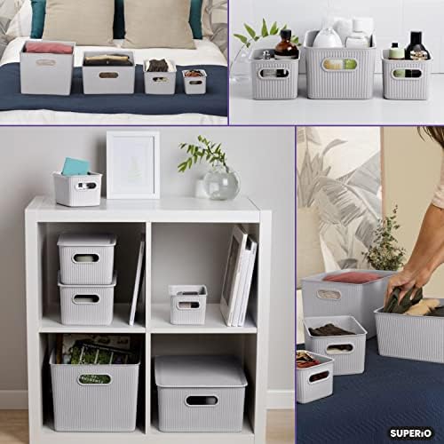 Superio Ribbed Collection - Decorative Plastic Basket Open Home Storage Bins Organizer, Medium White Smoke (4 Pack) Container Boxes for Organizing Closet Storage Bins for Shelves Drawer Shelf 5 Liter - Image 5