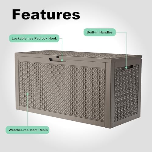 Outdoor Waterproof Resin Storage Deck Box Lockable Outside Bench UV Resistant Bin Patio Porch Furniture Pool Float Garden Tool Cushion (Grey, 110 Gallon) - Image 4