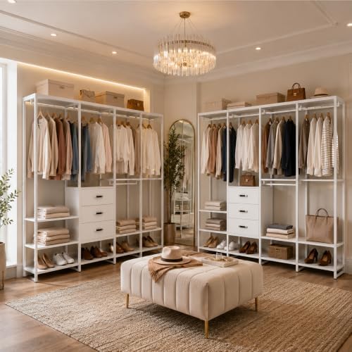 Freestanding Closet Organizer System with 3 Drawers, 6FT Heavy Duty Clothing Rack with Shelves and 6 Hanging Rods, Large Corner L Shaped Garment Rack, White - Image 4