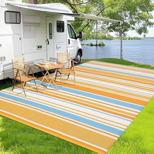 GAOMON 9x12 Large Outdoor Rug Waterproof for Patio Plastic Straw Rug Geometric Stripe Indoor Outdoor Area Rug Modern Lines Camping Rugs for RV Porch Deck Trailer Beach, Orange Yellow Blue White - Image 2