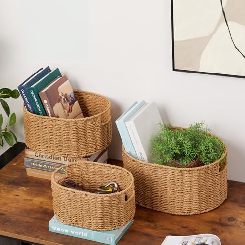 Vagusicc Wicker Storage Basket, Set of 3 Hand-woven Storage Baskets for Organizing, Round Large Wicker Baskets for Storage Decor, Pantry Storage Cubes Organization Baskets for Shelves, Natural - Image 3