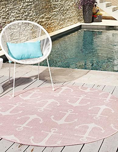 Unique Loom Outdoor Coastal Collection Area Rug - Ahoy (7' 10" Round, Pink/ Ivory) by UniqueLoom