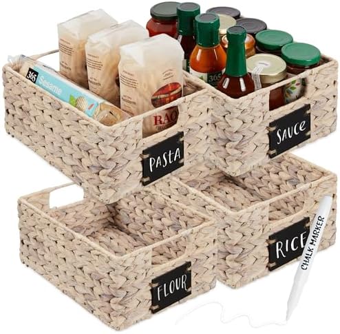 Best Choice Products Set of 4 9x12in Water Hyacinth Pantry Baskets, Woven Organizers w/Chalkboard Label, Chalk Marker - White by BestChoiceProducts