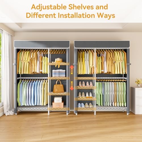ULIFHOME F2C Clothes Rack with Cover, White Closet with Gray Cover - Image 3