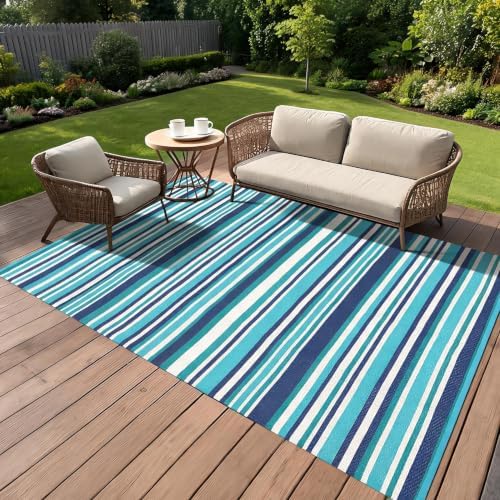 Garvee 10x20 Outdoor Large Blue Rug Modern Striped Lines Outdoor Rug by Garvee