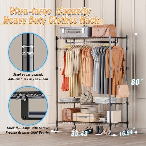 Homdox 3 Tier Heavy Duty Garment Rack with Wheels, Adjustable Wire Clothes Rack with Double Hanging Rods, Portable Closets for Hanging Clothes with Side Hooks, Black - Image 2