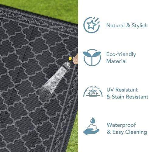 Outdoor Plastic Straw Rug 10x14 Large Patio Rug Vintage Trellis Floor Mat Waterproof Rug for Patio Reversible Outdoor Rugs for RV Beach Patio Camping Backyard Deck Picnic Black Grey - Image 7